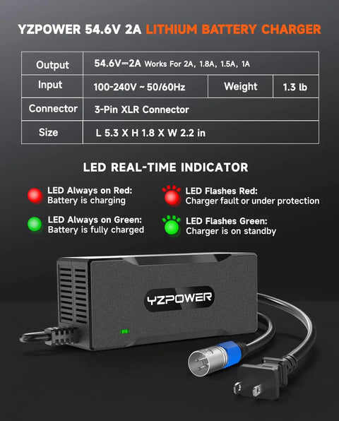 2A Fast Ebike Charger For 48V Lithium Batteries With 54 Point 6V Output, 3 Pin XLR Connector, Fan Cooled, Red Green Indicator