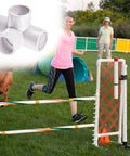 Four Way PVC Fittings Half Inch Eight Pack Furniture Grade Pipe Connectors for sturdy DIY setup at dog agility course.