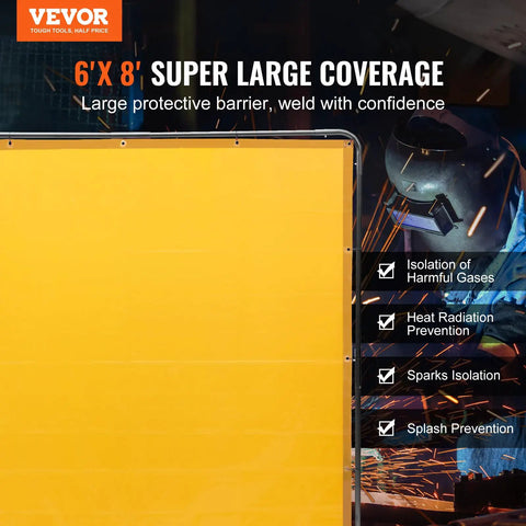 Heavy-Duty Welding Screen With Frame 6X8 Feet Flame-Resistant Vinyl Curtain On Four Swivel Casters Two Locking For Workshop Industrial Garage Portable Protective Barrier Against Sparks UV Rays Heat Radiation Ultimate Shop Beast Construction Yellow