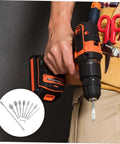 Cordless drill in orange and black with bit attached; inset shows 10-piece drill bit set and hex key.