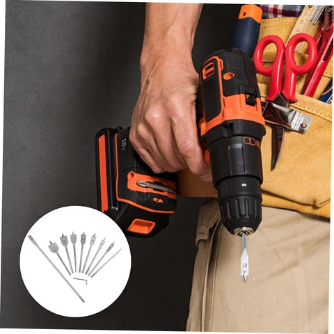 Cordless drill in orange and black with bit attached; inset shows 10-piece drill bit set and hex key.