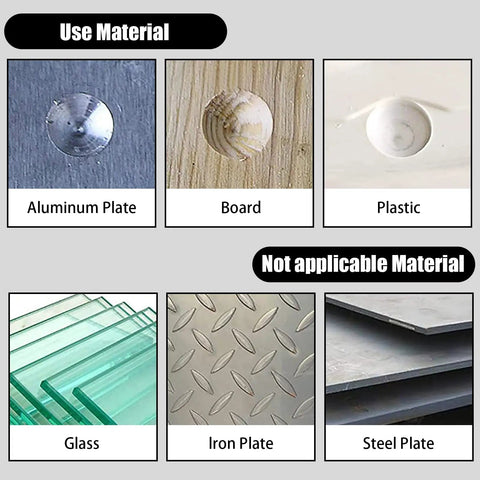 Different materials for Six Piece Countersink Drill Bit Set, including aluminum, board, plastic; not for glass, iron, steel.