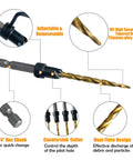 M2 High Speed Steel tapered drill with titanium coating and 1/4 inch hex shank from Shop Ready 9 Piece Wood Countersink Drill Bit Set.