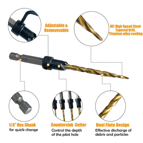 M2 High Speed Steel tapered drill with titanium coating and 1/4 inch hex shank from Shop Ready 9 Piece Wood Countersink Drill Bit Set.