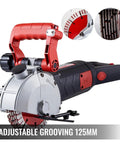 Heavy Duty Electric Wall Chaser Concrete Slotter With Adjustable Depth And Width 125 Mm Blade, close-up showing adjustable features and blade.