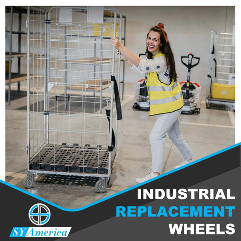 Heavy Duty 4 Inch Replacement Caster Wheels Set Of 4 Thermoplastic Rubber 1200 Lbs Capacity Quiet Non Marking Industrial Rollers in use on a cart.