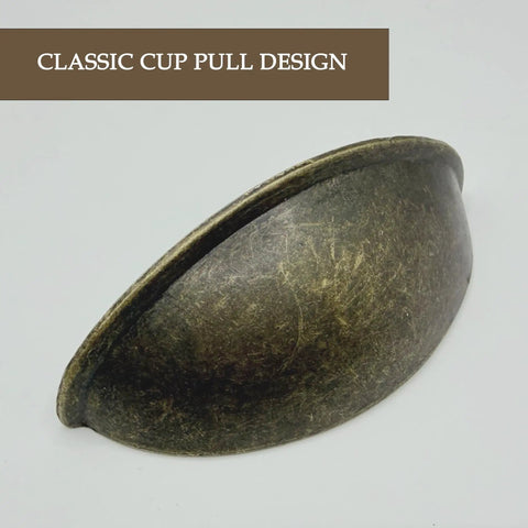 Antique Brass Cup Pulls Eight Pack With Two And A Half Inch Hole Centers Vintage Bin Style Cabinet Handles with classic cup pull design