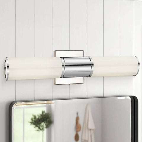 Two Light Vanity Lights With Milk Glass Shade In Chrome Finish Up And Down Wall Sconces Above Bathroom Mirror