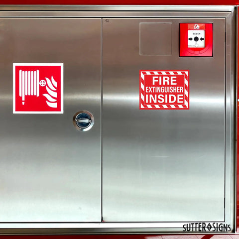 Fire Extinguisher Inside Stickers No Brainer Self Adhesive Weatherproof Vinyl Decals on metallic cabinet door