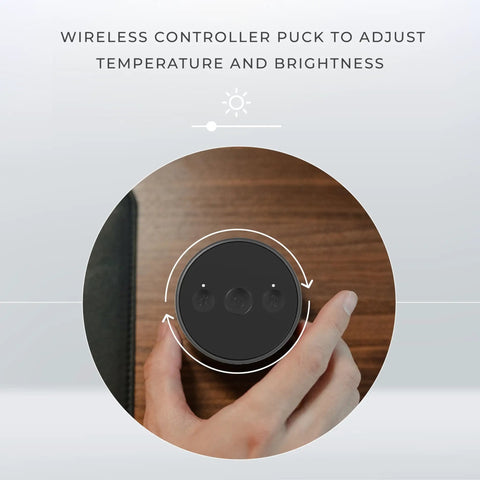 Hand using wireless controller puck for HighBeam Pro Video Conference Lighting Kit For Zoom And Streaming, Dual Ring Light adjustment