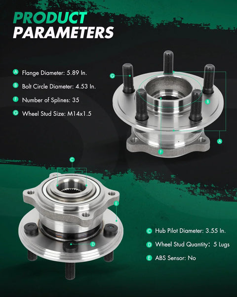 Rear Wheel Bearing Hub Assembly 512555 For Chrysler 300 2015 2021 Dodge Challenger 2015 2021 And Dodge Charger 2015 2021 Non ABS 5 Lug Replacement OE Quality Built To Last And Keep Your Ride Smooth, showing product dimensions and features, including 5.89 inch flange and 4.53 inch bolt circle diameter.