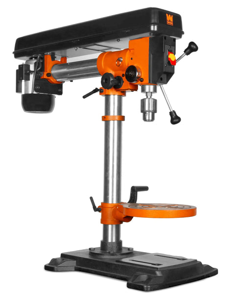 Six Point Two Amp Thirty Three Inch Radial Arm Drill Press For Benchtop Use With Five Speeds And Cast Iron Construction, Sliding And Swiveling Head For A Beast Of A Flexible Swing From 11 To 33 Inches, Three And One Eighth Inch Spindle Travel, front view.