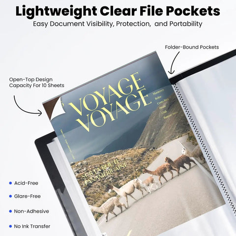 30 Pocket Portfolio Binder With 60 Pages And 8.5x11 Size showing open clear plastic sleeve with document insertion