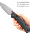 Hand holding Folding Pocket Knife With A 3.34 Inch Blade And Button Liner Lock, PVD coated steel, ergonomic design