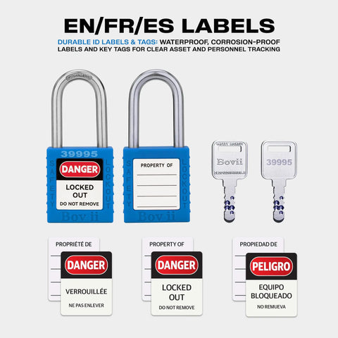Lockout Tagout Locks Set With 10 Blue Padlocks Keyed Alike One Key Per Lock OSHA Compliant No Brainer Safety Locks Kit shown.