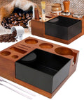 Solid Wooden Espresso Tamping Station With Fully Integrated Knock Box And Precision 58Mm Tamper Stand For Sapele Wood Daily Shot Prep and tools.