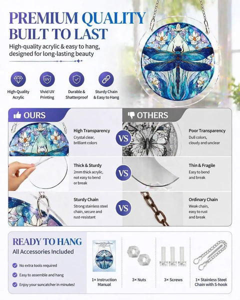 Acrylic Sun Catcher Puzzle Kit With 83 Pieces, DIY Stained Glass Style Suncatcher, includes stainless steel chain and hardware.