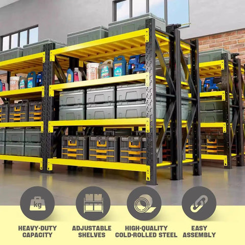 Heavy Duty Four Tier Steel Shelving Unit With 5000 Lb Capacity Adjustable Industrial Storage Rack For Garage Workshop And Warehouse Yellow And Black Metal Shelving For Max Organization And Easy Assembly in use, showcasing organized storage of heavy crates and tools.