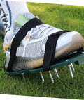 Adjustable Lawn Aerator Shoes Straps With Durable Spiked Shoelaces 16 Pack in use on athletic shoe on grass surface