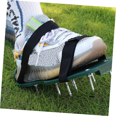 Adjustable Lawn Aerator Shoes Straps With Durable Spiked Shoelaces 16 Pack in use on athletic shoe on grass surface