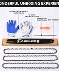 Go To 16 Inch Chainsaw Bar And Chain Kit With Three Eighths LP Pitch And Gauge Point Zero Five Zero Drive Links Fifty Five includes bar, chains, file, gloves.