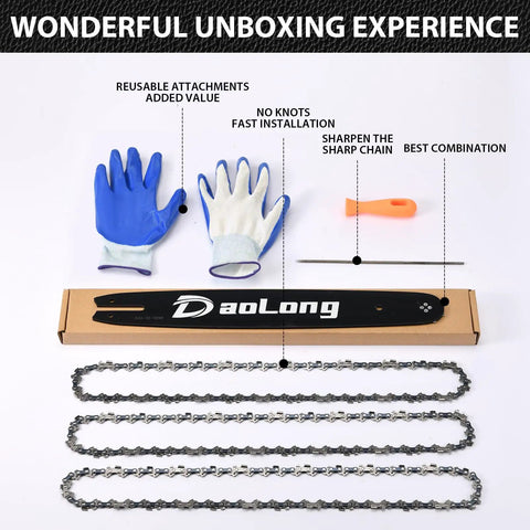 Go To 16 Inch Chainsaw Bar And Chain Kit With Three Eighths LP Pitch And Gauge Point Zero Five Zero Drive Links Fifty Five includes bar, chains, file, gloves.