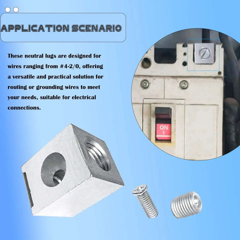 Neutral Lug Kit For Four To Two Zero Gauge Wires Aluminum Ground Lugs Set, tin plated, illustrated with application example.