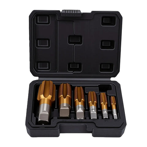 Six Piece Ti Coated Carbon Steel NPT Pipe Tap Set With Storage Case For Plumbing Automotive And Construction Jobs - Includes 1/8 In, 1/4 In, 3/8 In, 1/2 In, 3/4 In And 1 In Hand Threading Taps. Open case with Ti-coated NPT pipe taps