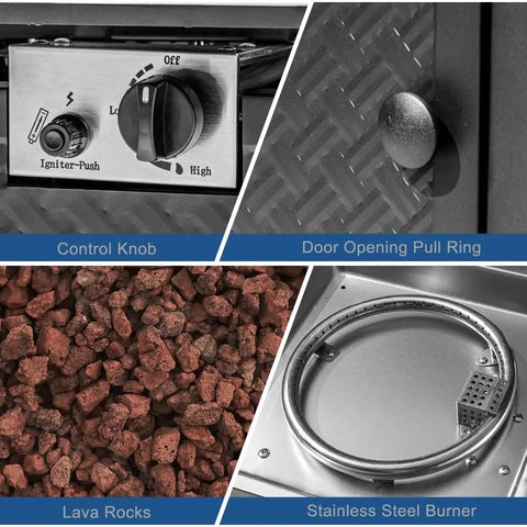 Control knob, pull ring, lava rocks, and burner details of 28 Inch Propane Fire Pit Table With 50000 BTU Steel Burner Outdoor Fire Pit.