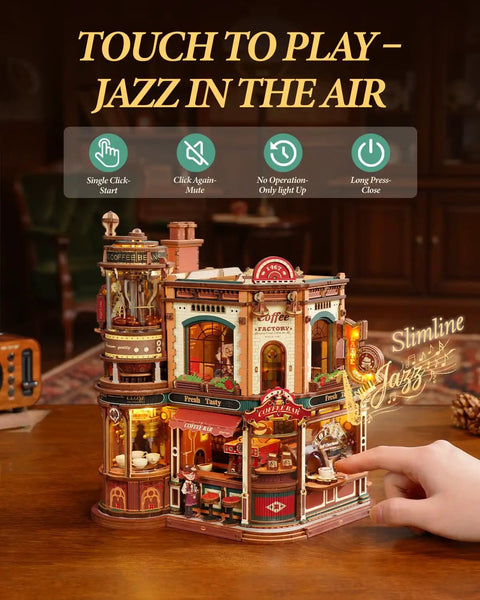Moving Dream Coffee Factory Kit That Actually Runs A Tiny Miniature Coffee Plant Scene With Music Box And LED Lights No Glue Kinetic 3D Wood Puzzle For Adults A Totally Fun Modern Home Decor Gift For Women And Men, wooden tabletop model
