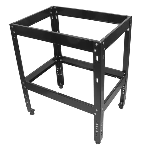 Beefed Up Heavy Duty Router Table Stand For Workshop With Ergonomic Height And Adjustable Feet, 500 Lb Capacity, in black steel, side view