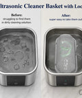 Before and after showing No Sweat Stainless Steel Ultrasonic Cleaner Baskets with Heavy Duty Locking Clips for easy cleaning.