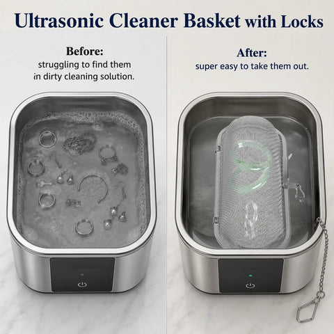 Before and after showing No Sweat Stainless Steel Ultrasonic Cleaner Baskets with Heavy Duty Locking Clips for easy cleaning.