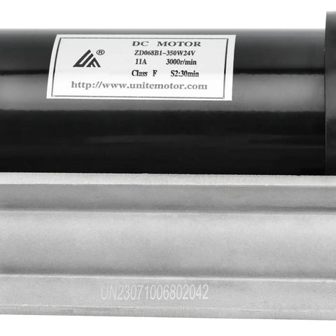 Close-up of 24V 350W Electric Motor Transaxle Gear Reduction With 20mm Shaft for DIY projects, showing label details.