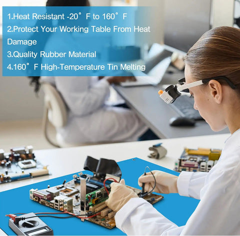 Person using Anti Static Mat Kit with Heat Resistant ESD Mats Pro Grade Wrist Strap Grounding Cord for electronics repair.