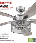 Carnegie 52 Inch Industrial Style Indoor LED Ceiling Fan with light, remote control, dual mounting, and dual finish blades.