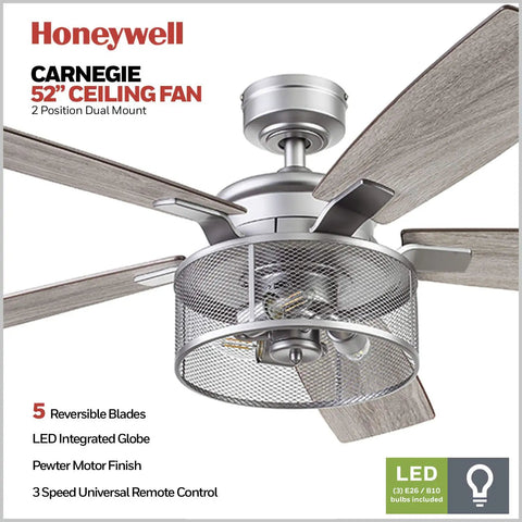 Carnegie 52 Inch Industrial Style Indoor LED Ceiling Fan with light, remote control, dual mounting, and dual finish blades.