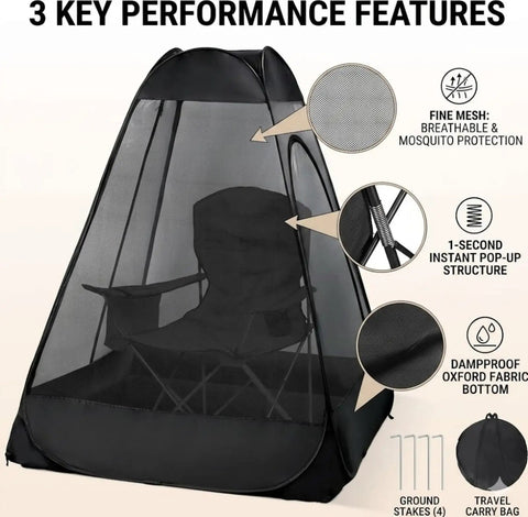 One Person Pop Up Mosquito Net Tent With Mesh Shelter, Instant No Fuss One Second Setup highlighting features with chair inside