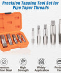 Five Piece NPT Pipe Tap Set With Sizes One Eighth Inch Through Three Quarters Inch Carbon Steel Hand Threading Tool shown in open case