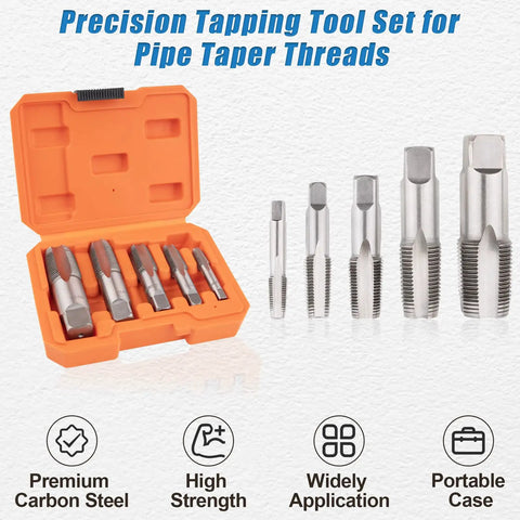 Five Piece NPT Pipe Tap Set With Sizes One Eighth Inch Through Three Quarters Inch Carbon Steel Hand Threading Tool shown in open case