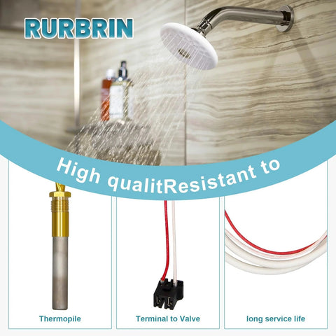 RURBRIN LP three-piece thermopile sensor kit for water heater; brass thermopile, valve terminal, and cables.