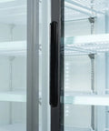 Top Shelf Commercial Glass Two Door Display Refrigerator And Upright Beverage Cooler With Bright LED Lighting For Drinks Prepared Foods And Groceries Straight Up 45 Cubic Foot Capacity In Sleek Black Finish, interior shelves and handle.