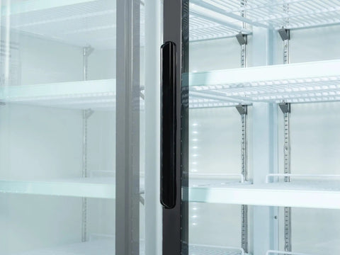 Top Shelf Commercial Glass Two Door Display Refrigerator And Upright Beverage Cooler With Bright LED Lighting For Drinks Prepared Foods And Groceries Straight Up 45 Cubic Foot Capacity In Sleek Black Finish, interior shelves and handle.