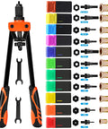 Big 16 Inch Hand Rivet Nut Tool With Heavy Duty Setter Kit Featuring Easy Swap Nose Pieces, 11 Metric And Sae Mandrels Plus 110 Rivnuts For Pro Auto Shop Fixups And Tricky Spot Jobs, shown with mandrels and rivnuts