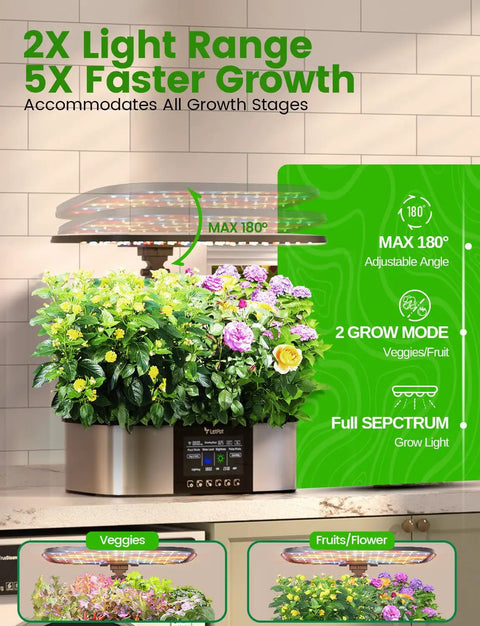 Smart Indoor Hydroponics System With 21 Pods App And WiFi Control 36W LED Grow Light in kitchen setting with plants
