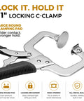 11" Locking C-Clamp with large round clamping pad for woodworking, all-metal design for durability and strong grip.