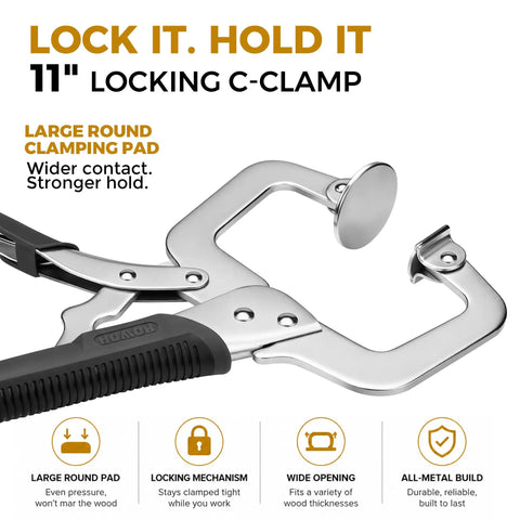 11" Locking C-Clamp with large round clamping pad for woodworking, all-metal design for durability and strong grip.