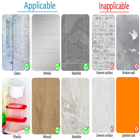 Chart showing applicable and inapplicable surfaces for installing Clear Corner Protectors For Baby Safety, Thickened Edge Guards For Tables And Furniture.