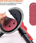 Close-up of Electric Drywall Sander With Vacuum For Dustless Sanding, showing detachable sandpaper sheet and 710W handheld tool.