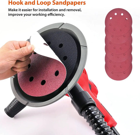 Close-up of Electric Drywall Sander With Vacuum For Dustless Sanding, showing detachable sandpaper sheet and 710W handheld tool.